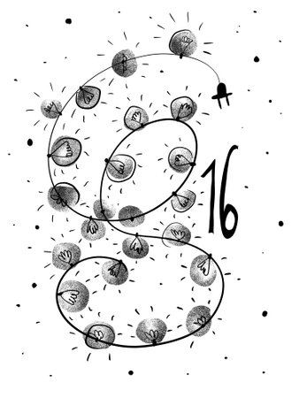 A minimalist stencil illustration of electric string lights, day number 16. Black-and-white graphic in a modern advent calendar style.の写真素材