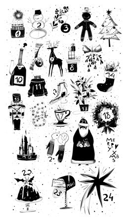 A minimalist stencil advent calendar featuring 24 black-and-white illustrations. Includes winter and festive elements: hat, snowman, gifts, tree, star, wreath, and more. Simple, mの写真素材