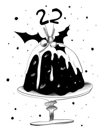 A minimalist stencil illustration of a Christmas pudding with traditional decorations, day number 22. Black-and-white graphic in a modern advent calendar style.の写真素材
