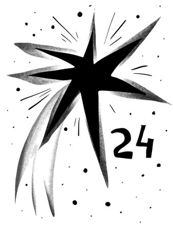 A minimalist stencil illustration of a Christmas star with a comet tail, day number 24. Black-and-white graphic in a modern advent calendar style.の写真素材