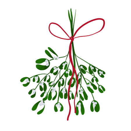 A flat, minimalist illustration of a sprig of mistletoe tied with a red ribbon. This simple and festive design captures the charm and symbolism of holiday traditions,の写真素材