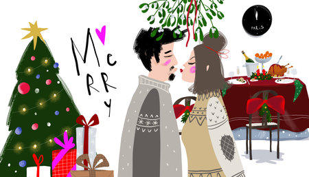A minimalist illustration combining a clock, Christmas tree, wrapped gifts, a festive table, and a couple kissing under the mistletoe, capturing the joy and warmth of holidayの写真素材