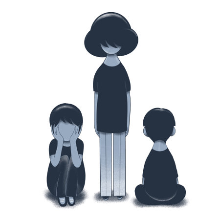 A minimalist illustration of three children, each with unique features: a boy sitting with his back to the viewer, another seated with his head in his hands, and a girl standing withの写真素材