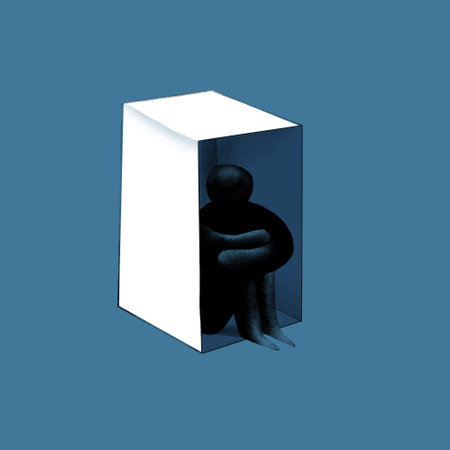A minimalist illustration of a lone black figure sitting inside a vertical box, hugging their knees. This design conveys feelings of isolation, introspection, and the introspectiveの写真素材