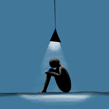 A simple, flat illustration of a solitary black figure sitting on the floor, hugging their knees under a spotlight. The design symbolizes introspection, solitude, and the quiet natの写真素材