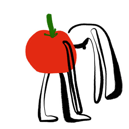 A strange rabbit leaning forward with drooping long ears, drawn in a single uneven line. A red spot resembling a tomato or apple adds a bold accent. Minimalist style.の写真素材