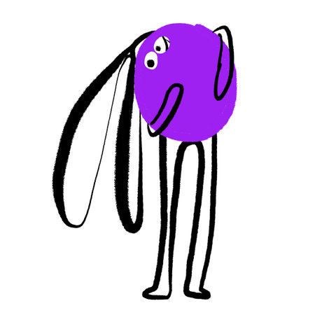 A strange rabbit tilted to the left with long, drooping ears, drawn in a single uneven line. A purple berry on top, as if the rabbit is looking through it. Minimalist and abstractの写真素材