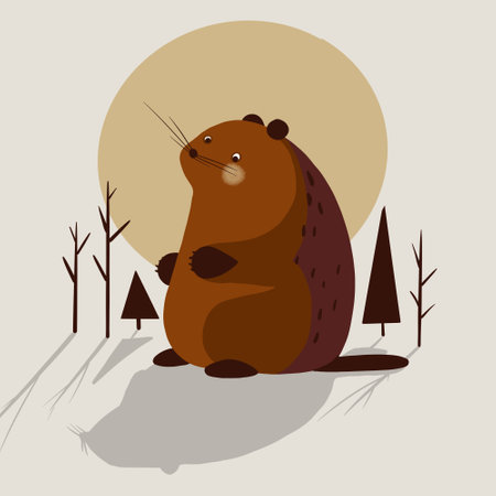 A minimalist illustration of a groundhog in warm tones, seeing its shadow, symbolizing a long winter. Flat style with emphasis on shadow and simple lines.の写真素材