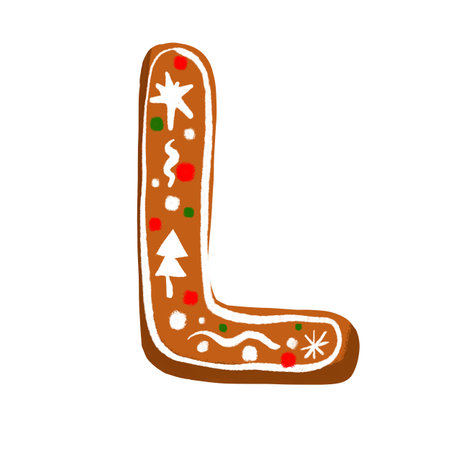 Gingerbread letter L with a sweet icing pattern on a white background, ideal for Christmas and winter-themed projects.の写真素材