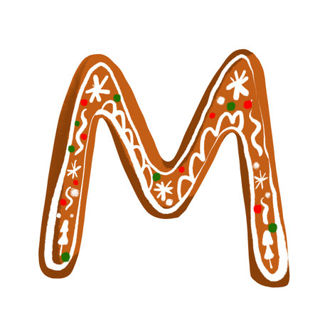 Gingerbread letter M decorated with an icing pattern on a white background, adding festive charm to holiday projects.の写真素材