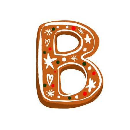 Gingerbread letter B decorated with a classic icing pattern on a white background. A cozy holiday touch for seasonal designs and Christmas projects.の写真素材