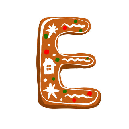 Gingerbread letter E, decorated with icing on a white background, bringing a touch of holiday cheer to any winter project.の写真素材
