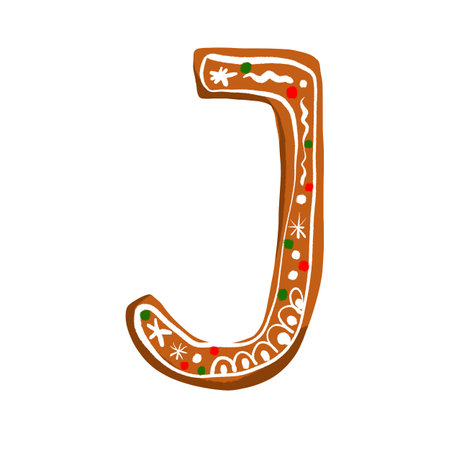 Gingerbread letter J with a festive icing design on a white background, adding warmth and holiday charm to any seasonal project.の写真素材