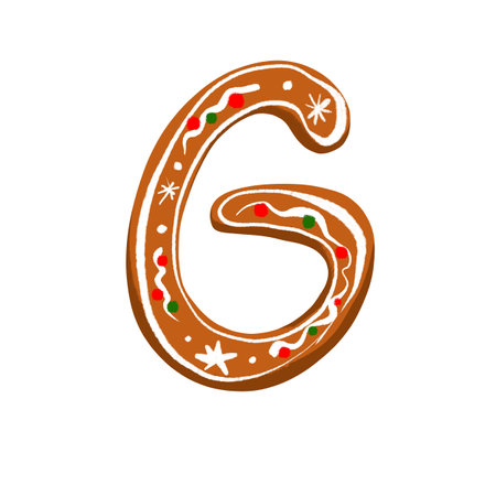 Festive gingerbread letter G with a charming icing pattern on a white background, ideal for seasonal designs and Christmas projects.の写真素材