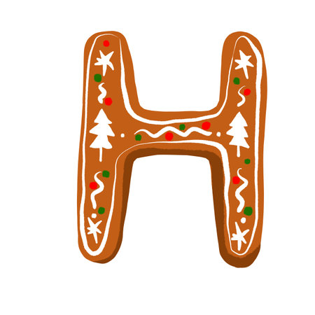 Gingerbread letter H adorned with an icing pattern, set against a white background, giving a festive touch to any winter-themed project.の写真素材