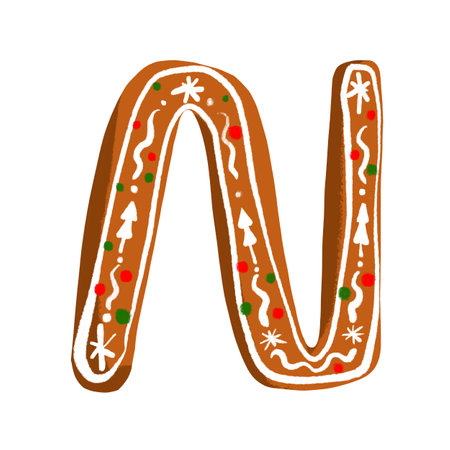Festive gingerbread letter N with a decorative icing pattern on a white background, perfect for holiday and winter designs.の写真素材