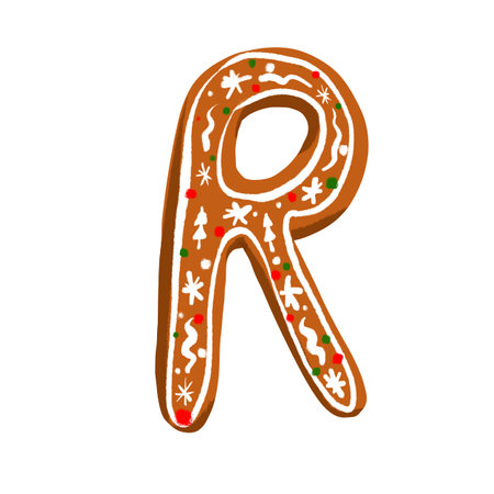 Festive gingerbread letter R with a simple icing pattern on a white background, perfect for seasonal and Christmas projects.の写真素材