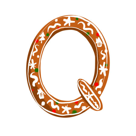 Gingerbread letter Q with a playful icing pattern on a white background, adding a festive touch to holiday projects.の写真素材