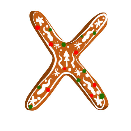 Gingerbread letter X with a delicate icing pattern on a white background, ideal for holiday and seasonal projects.の写真素材