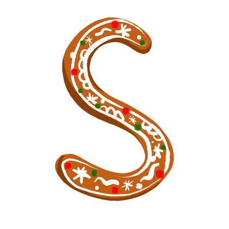 : Gingerbread letter S with a festive icing design on a white background, adding warmth and holiday cheer to seasonal projects.の写真素材