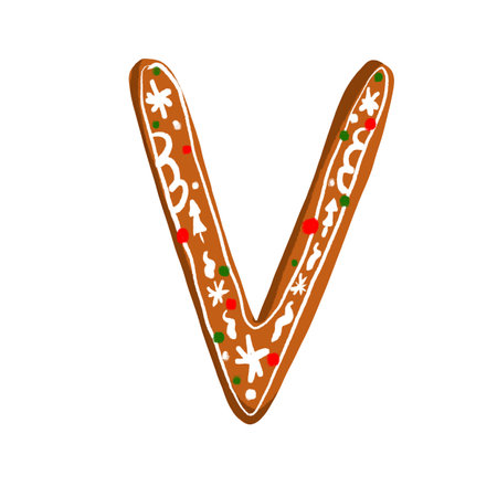 Gingerbread letter V with icing details on a white background, perfect for holiday-themed and winter projects.の写真素材