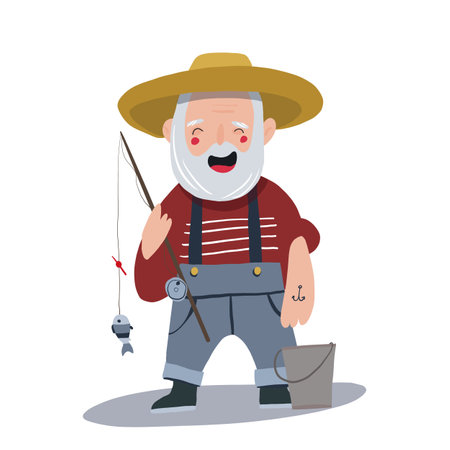 A minimalist flat illustration of a cheerful elderly fisherman in a hat, laughing as he holds up a freshly caught fish. A vibrant design celebrating joy and outdoor adventures.の写真素材