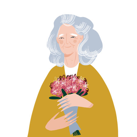 A minimalist flat illustration of an elderly woman with loose gray hair holding a bouquet of pink flowers. The simple design captures warmth and grace in everyday life.の写真素材