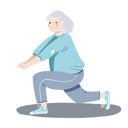 A minimalist flat illustration of an elderly woman exercising with simple, graceful movements. The design highlights energy, health, and the joy of staying active at any age.の写真素材