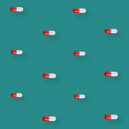 Colorful pattern of pills on turquoise background. Seamless pattern with capsules. Medical, pharmacy...