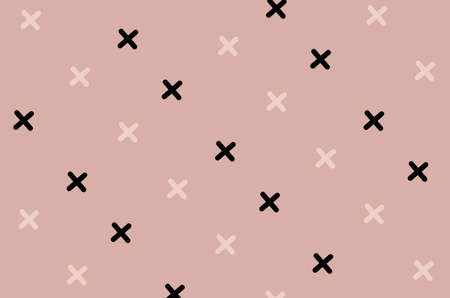 Pattern of black and pink geometric shapes in retro, memphis 80s 90s style. Crosses shapes on pink background. Vintage abstract backgroundの写真素材