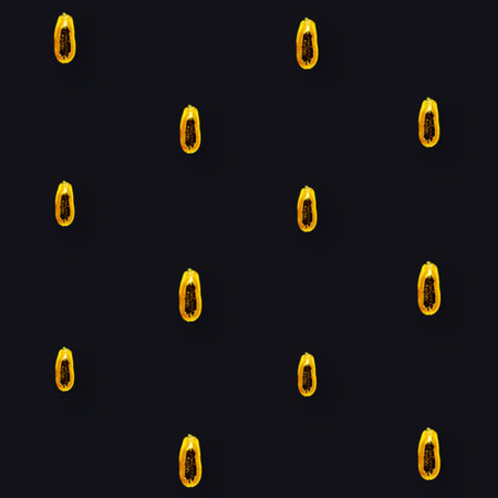 Colorful fruit pattern of fresh papaya on black background. Top view. Flat lay. Pop art design