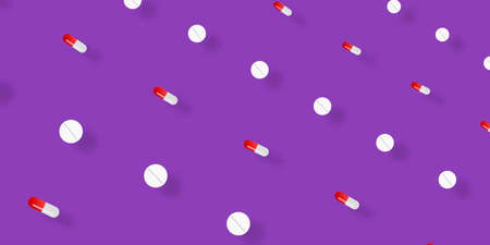 Colorful pattern of pills on violet background with shadows. Seamless pattern with capsules and tablets. Medical, pharmacy and healthcare conceptの写真素材