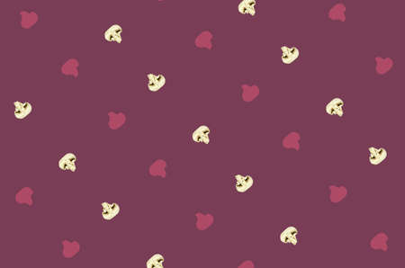 Colorful pattern of fresh mushrooms on pink background. Champignon sliced. Top view. Flat lay. Pop art designの写真素材