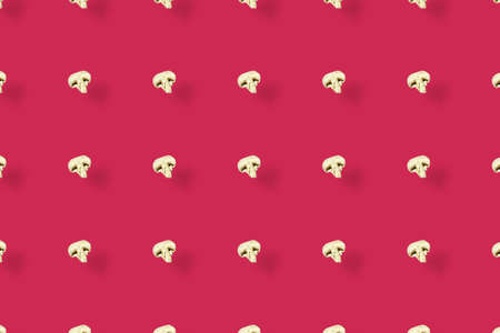 Colorful pattern of fresh mushrooms on pink background with shadows. Champignon sliced. Top view. Flat lay. Pop art designの写真素材