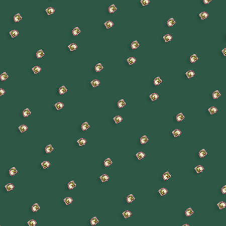 Colorful pattern of japanese sushi rolls on green background. Top view. Flat lay. Pop art designの写真素材