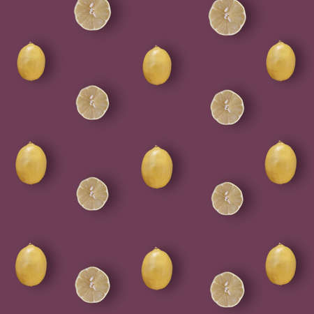 Colorful fruit pattern of fresh lemons on dark purple background. Top view. Flat lay. Pop art designの写真素材