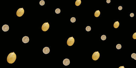 Colorful fruit pattern of fresh lemons on black background. Top view. Flat lay. Pop art designの写真素材
