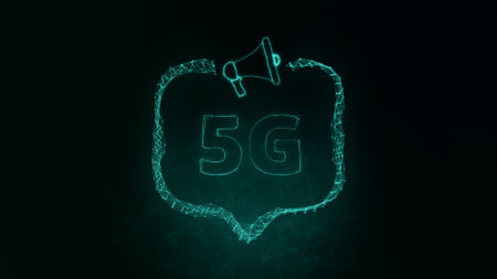 Megaphone banner with speech bubble and text 5G. Plexus style of green glowing dots and lines....