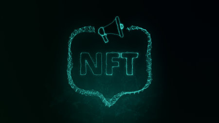 Megaphone banner with speech bubble and text nft. Plexus style of green glowing dots and lines. Abstract illustrationの写真素材