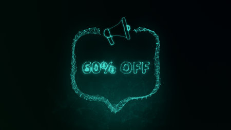 Megaphone banner with speech bubble and text 60 percent off. Plexus style of green glowing dots and lines. Abstract illustrationの写真素材