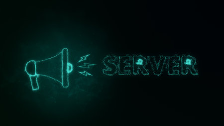 Megaphone banner with text server. Plexus style of green glowing dots and lines. Abstract illustrationの写真素材