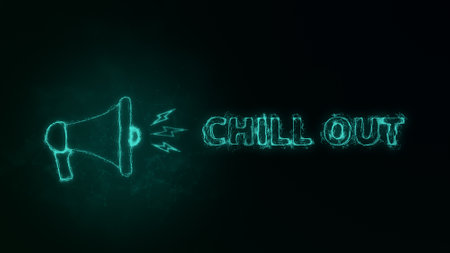 Megaphone banner with text chill out. Plexus style of green glowing dots and lines. Abstract illustrationの写真素材