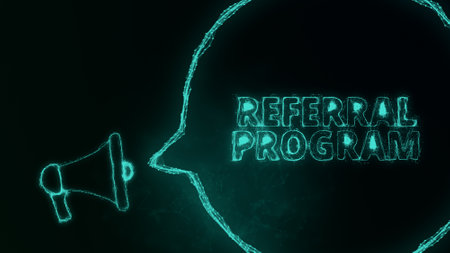 Megaphone banner with speech bubble and text referral program. Plexus style of green glowing dots and lines. Abstract illustrationの写真素材