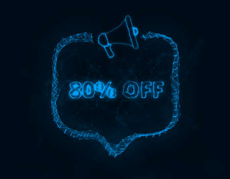 Megaphone banner with speech bubble and text 80 percent off. Plexus style of blue glowing dots and lines. Abstract illustrationの写真素材