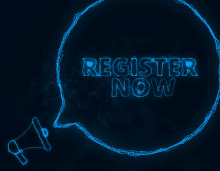 Megaphone banner with speech bubble and text register now. Plexus style of blue glowing dots and lines. Abstract illustrationの写真素材