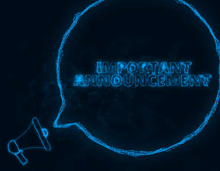 Megaphone banner with speech bubble and text important announcement. Plexus style of blue glowing dots and lines. Abstract illustrationの写真素材