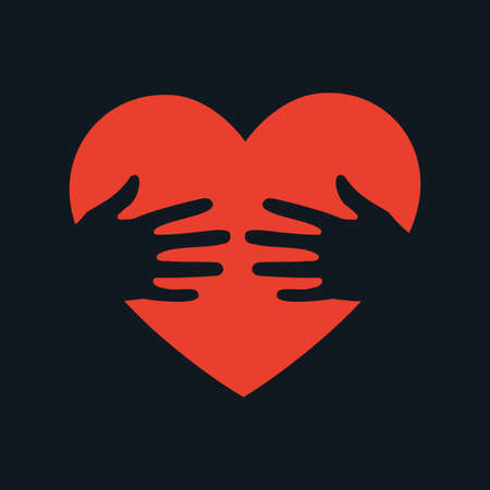 Hugging heart, hands holding heart, charity icon, love yourself, concept of volunteers. Vector illustration isolated on white backgroundのイラスト素材