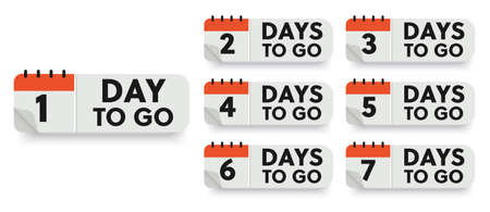 Countdown badges. Number of days left to go, from 1 to 7. Countdown left days, stylized counter in red and black colorsのイラスト素材
