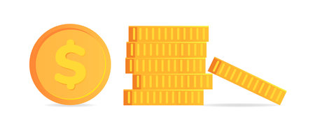 Coins stack vector illustration, coins icon flat, coins money, one golden coin standing on stacked gold coins modern design isolated on white backgroundのイラスト素材