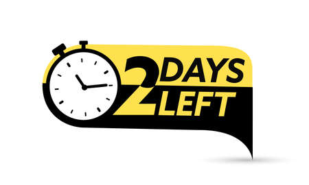 2 days left. Vector emblem with the number of days remaining. Label, blue alarm clock flat with ribbon, promotion icon, best deal symbol vector illustrationのイラスト素材